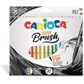 Carioca 20 x Super Brush Marker Pens with Brush Tip, Soft Flexible Tip, Ideal for Calligraphy Drawing, Washable, Assorted Colours and Super Bright