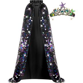 Women Princess Cape Costume Set Fairy Mermaid Sequins Cloaks with Crown for Halloween Carnival Cosplay Party