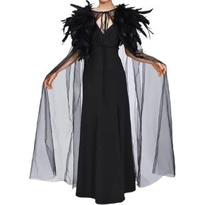 Aukmla Women Black Feather Cape Long Gothic Witch Cloak Halloween Costume Robe Cover Up