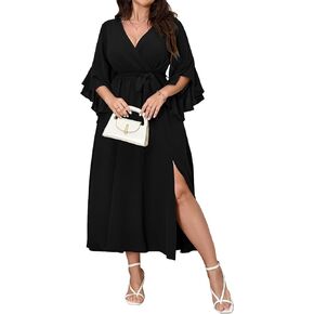 Womens Plus Size Dress Wedding Guest Cocktail Ruffle Half Sleeve Wrap V Neck Slit A Line Maxi Dresses with Belt in Kuwait