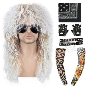 70s 80s Rock Wig with Accessories Long Black Wigs for 70s 80s Costume Men and Women Curly Wavy Rocker Wig with Bangs Mullet Hippie Party Funny Wig CC043BK
