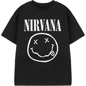 Nirvana Kids T-Shirt | Boys & Girls Short Sleeve Graphic Tee in Black Classic Grunge Distressed Band Logo Print Apparel Top