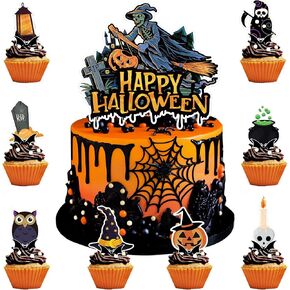 Halloween Cupcake Toppers 73Pcs, Halloween Pumpkin Bat Skull White Ghost Cake Food Decorations for Halloween Birthday Party Supplies Favor