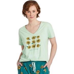 Life is Good. Women's Sunflower Grid Snuggle Up Relaxed Short Sleeve Sleep Vee, Sage Green