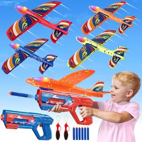 SpringFlower 4 Pack Airplane Launcher Toys, 4 Foam Airplane with 2 Launchers,Slingshots,Bullets, Outdoor Toys with 2 Flight Modes LED Foam Glider Catapult Plane, Gifts for 4 5 6 7 8 9 Boys & Girls