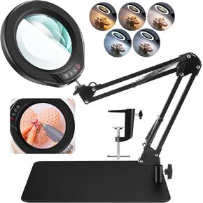 5 Inch Large Magnifying Glass with Light and Stand, 2-in-1 LED Lighted Magnifier, 5 Color Modes Stepless Dimmable, Hands Free 10X Magnifying Desk Lamp with Clamp for Craft Hobby Repair Close Works