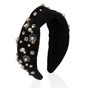 Pearl Headbands for Women Rhinestone Headband Knotted Beaded Headband Jeweled Headbands Crystal Studded Headband Thick Blue Headband Top Knot Womens Headbands Fashion Hair Accessories for Women Girls