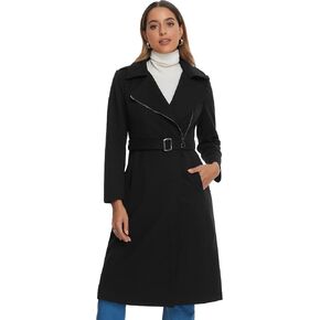 Allegra K Women's Winter Coats Zipper Front Notched Collar Belted Warm Blend Trench Coat