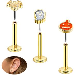 3Pcs 16G Halloween Threadless Earring for Women Men Gold 316L Stainless Steel Push in Earrings Ghost Pumpkin Bat Flat Back Stud Earrings Cartilage Helix Tragus Lobe Piercing Jewelry