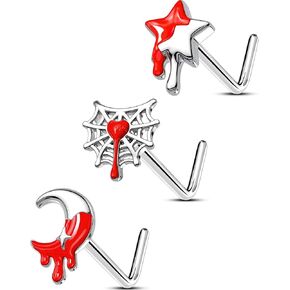OUFER 3PCS Nose Studs, 20G L Shaped Nose Ring Studs Stainless Steel, Silver Nose Piercings Stud, Star Moon Spider Web Halloween Small Nose Studs for Women Men
