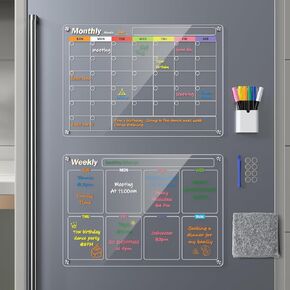 Acrylic Magnetic Monthly and Weekly Calendar for Fridge, Clear Set of 2 Dry Erase Board Calendar for Fridge Reusable Planner, Includes 6 Dry Erase Markers