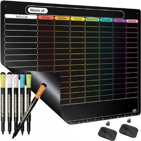 MAG-FANCY Magnetic Dry Erase Calendar for Refrigerator Weekly Chore Chart Schedule Planning Board 6 Fine Tip Wet EraseMarkers & Mounts for Wall Hanging Black
