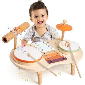 Drum Set for Toddlers 1-3 Year Old Boys Girls Baby Wooden Musical Instruments Drumset for Ages 12 Months Kids Montessori Preschool Educational Music Sensory Toys 1 2 3-5 Birthday
