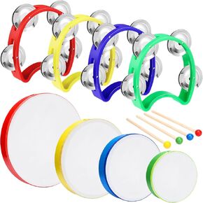 8 Pcs Hand Drum Wood Frame Drum Plastic Tambourines Set 12 Inch 10 Inch 8 Inch 6 Inch Musical Instruments with Drum Stick for Beginners Adults Party Supplies Home, Multicolor