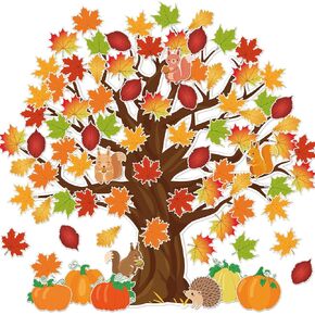 Whaline 104Pcs Fall Tree Cutouts Maple Leaves Tree Bulletin Board Decoration with Autumn Pumpkin Squirrel Cutouts Fall Seasonal Tree with 200Pcs Glue Points for School Home Chalkboard Wall Decor