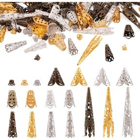 Pandahall 450pcs Tibetan Style Iron Filigree Flower Beads Cones End Cap 5 Styles Long Flower Bead Caps Spacers Pendants Mixed for Jewelry Necklace Earrings Making DIY Craft Supplies Women