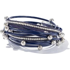 FANCY SHINY Leather Beaded Bracelet Boho Wrap Bracelets Gothic Jewelry Stackable Goth Bracelets with Magnetic Clasp