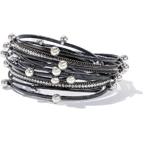 FANCY SHINY Leather Beaded Bracelet Boho Wrap Bracelets Gothic Jewelry Stackable Goth Bracelets with Magnetic Clasp in Kuwait