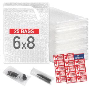 Bubble Wrap Pouches 8x6 Inch (25 Pack) with 1.5 Inch Adhesive Flap & 30 Fragile Stickers – Bubble Out Bags, Cushioning Packaging Pockets for Packing, Shipping & Moving Fragile Items