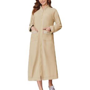 Ekouaer Women's Zipper Robes Fleece Robe Zip Bathrobe Long Sleeve Housecoat with Pockets S-XXL