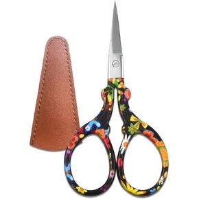 Sharp Embroidery and Crafting Scissors with Leather Cover, 3.62 inch Stainless Steel Stork Shaped Scissors for Needlework and DIY Crafts, Black Flower, J5064
