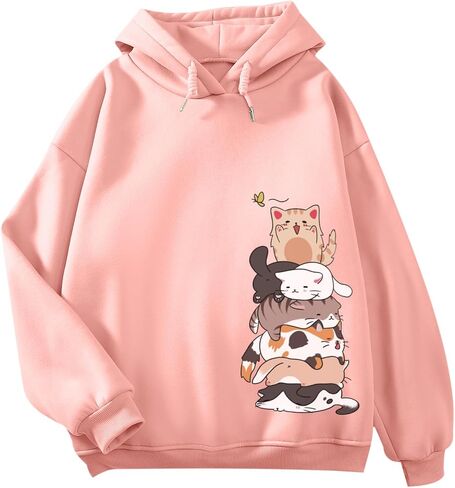 Tuislay Cute Cat Graphic Hoodies for Teen Girls Kawaii Cartoon Printed Hoodie Women Anime Print Hooded Sweatshirt Pullover in Saudi Arabia