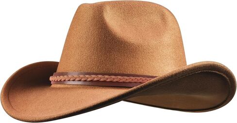 قبعة رعاة البقر من اللباد للنساء مع عصابة رأس مموجة كلاسيكية قبعات راعية البقر ذات الزي الغربي الكلاسيكي باللون البني in Kuwait