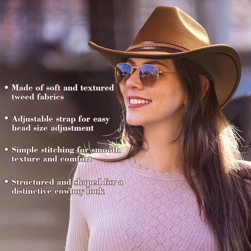 قبعة رعاة البقر من اللباد للنساء مع عصابة رأس مموجة كلاسيكية قبعات راعية البقر ذات الزي الغربي الكلاسيكي باللون البني in Kuwait