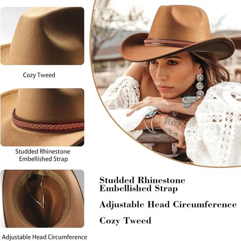 قبعة رعاة البقر من اللباد للنساء مع عصابة رأس مموجة كلاسيكية قبعات راعية البقر ذات الزي الغربي الكلاسيكي باللون البني in Kuwait
