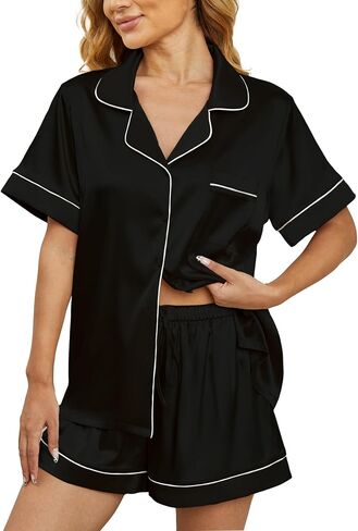 Women's satin sleepwear 2-piece set, classic button style 2-piece set silky sleepwear shorts set in Saudi Arabia