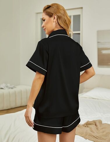 Women's satin sleepwear 2-piece set, classic button style 2-piece set silky sleepwear shorts set in Saudi Arabia