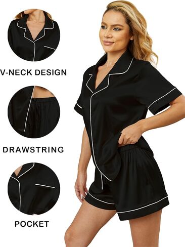 Women's satin sleepwear 2-piece set, classic button style 2-piece set silky sleepwear shorts set in Saudi Arabia