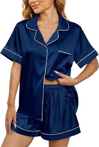 Women's satin sleepwear 2-piece set, classic button style 2-piece set silky sleepwear shorts set in Saudi Arabia