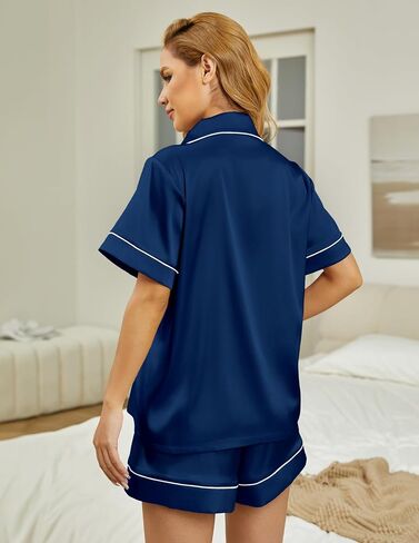 Women's satin sleepwear 2-piece set, classic button style 2-piece set silky sleepwear shorts set in Saudi Arabia