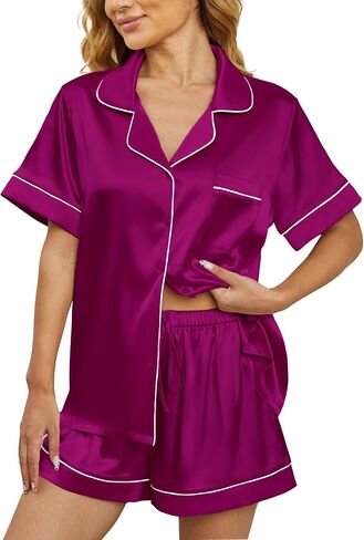 Women's satin sleepwear 2-piece set, classic button style 2-piece set silky sleepwear shorts set in Saudi Arabia