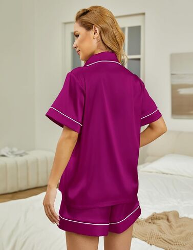 Women's satin sleepwear 2-piece set, classic button style 2-piece set silky sleepwear shorts set in Saudi Arabia