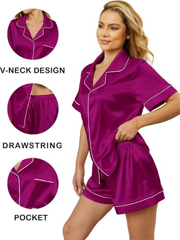 Women's satin sleepwear 2-piece set, classic button style 2-piece set silky sleepwear shorts set in Saudi Arabia
