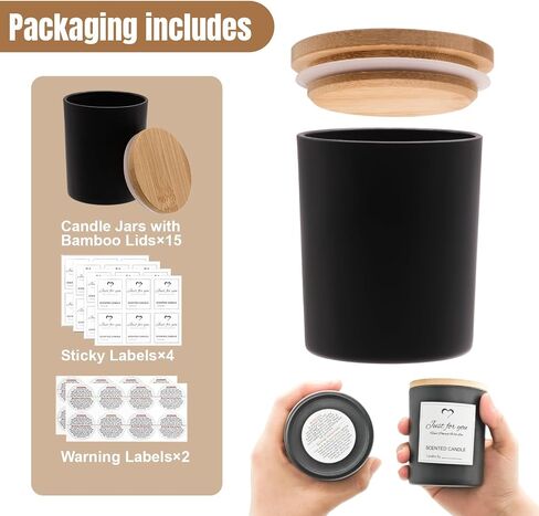 SUROQUE 15 Pack Clear Candle Jars for Making Candles 7oz Glass Jars with Bamboo Lids Candle Making Kit with Warning Labels Candle Making Supplies Bulk Candle Containers Dishwasher Safe in Saudi Arabia