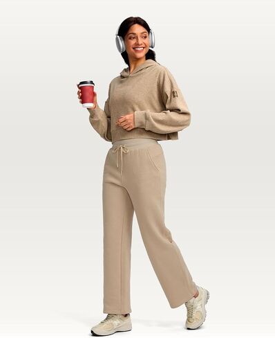 Women's Cotton Fleece Lined Straight leg Sweatpants with 3 Pocket 29" High Waisted Warm Sweatpants for Women in Saudi Arabia