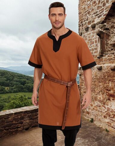 Mens Medieval Pirate Costumes Viking Tunic Shirt Renaissance Knight Warrior Cosplay LARP Halloween Tops with Belt in Saudi Arabia