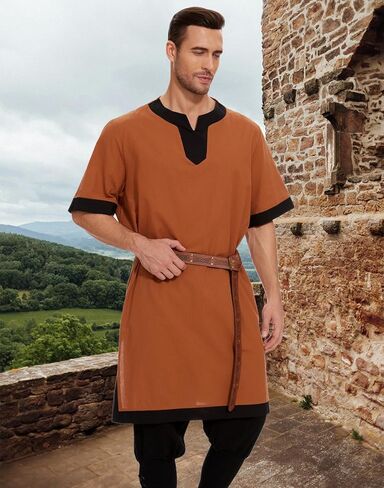 Mens Medieval Pirate Costumes Viking Tunic Shirt Renaissance Knight Warrior Cosplay LARP Halloween Tops with Belt in Saudi Arabia