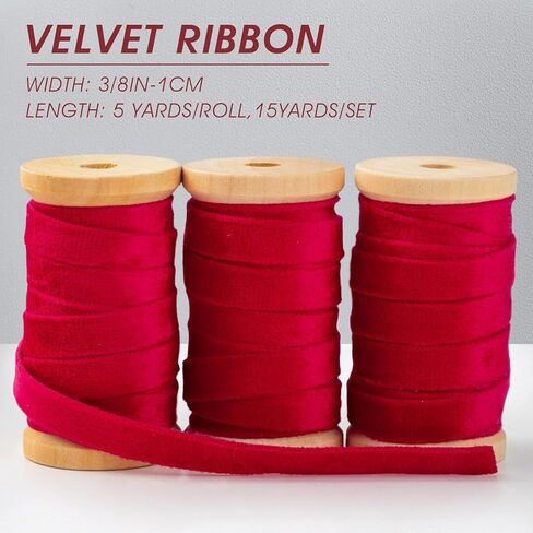 Velvet Ribbon Set 3/8" Wide 3 Rolls * 5Yd Wooden Spool Fabric Trim for Christmas Decoration Handmade Craft Ornaments Gift Wrapping Decoration Party Wedding Arts Crafts（Red） in Kuwait