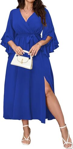Womens Plus Size Dress Wedding Guest Cocktail Ruffle Half Sleeve Wrap V Neck Slit A Line Maxi Dresses with Belt in Kuwait
