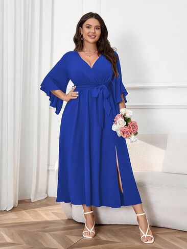 Womens Plus Size Dress Wedding Guest Cocktail Ruffle Half Sleeve Wrap V Neck Slit A Line Maxi Dresses with Belt in Kuwait