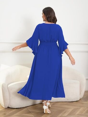 Womens Plus Size Dress Wedding Guest Cocktail Ruffle Half Sleeve Wrap V Neck Slit A Line Maxi Dresses with Belt in Kuwait