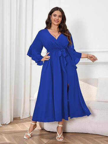 Womens Plus Size Dress Wedding Guest Cocktail Ruffle Half Sleeve Wrap V Neck Slit A Line Maxi Dresses with Belt in Kuwait