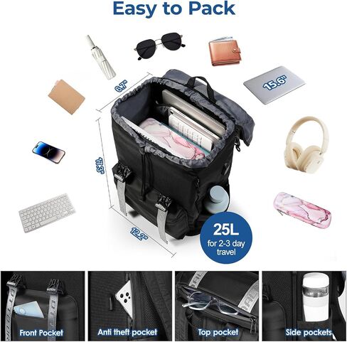 15.6 Inch Laptop Travel Backpack, Water Resistant Anti-Theft Vintage Flap Backpack with USB Charging Port for College, Casual Daypacks, Work Bag for Men and Women, 25L, Black in Saudi Arabia