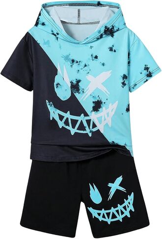 SweatyRocks Boy's 2 Piece Outfits Colorblock Graphic Short Sleeve Hooded Tops and Shorts Set in Saudi Arabia