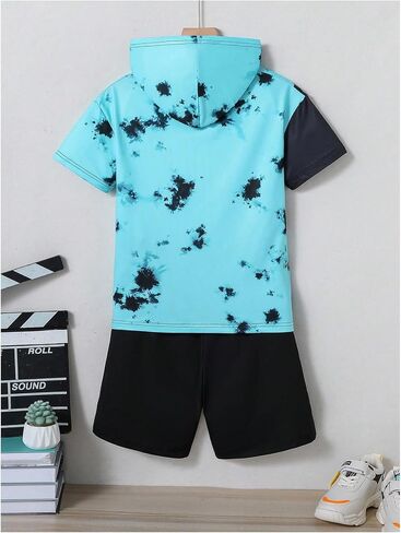 SweatyRocks Boy's 2 Piece Outfits Colorblock Graphic Short Sleeve Hooded Tops and Shorts Set in Saudi Arabia