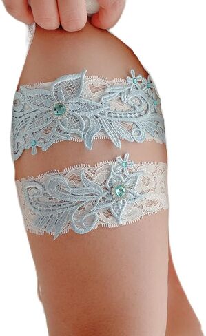 JWICOS Wedding Garters for Bride Bridal Lace Garter Set with Blue Rhainstone Crystal for Bride Women in Kuwait